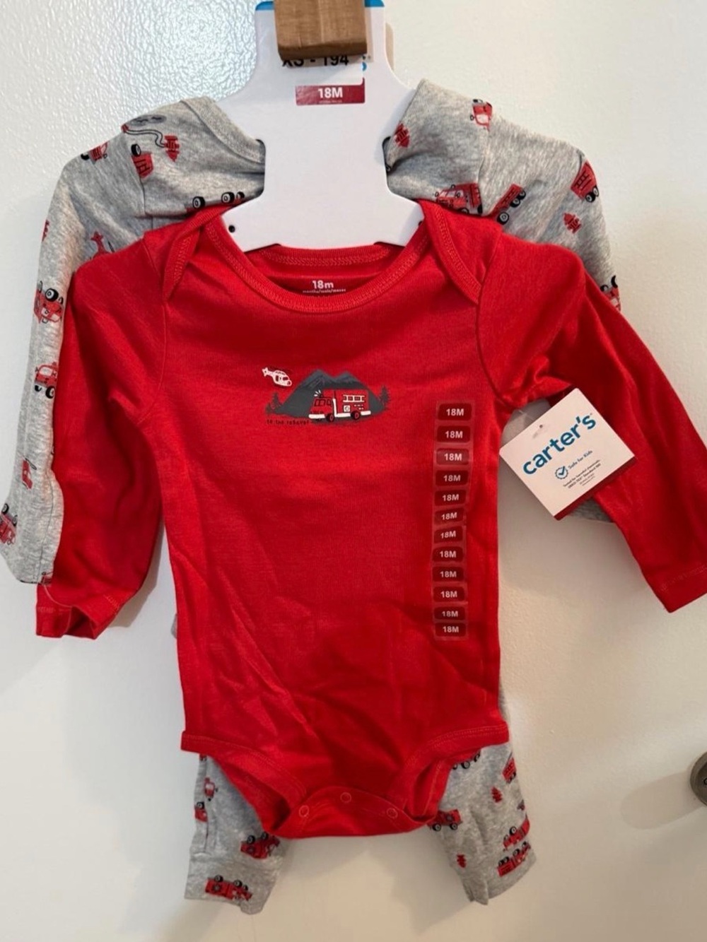 Carter's Red Firetruck Long-Sleeve One-Piece with Gray Firetruck Pants - 18M